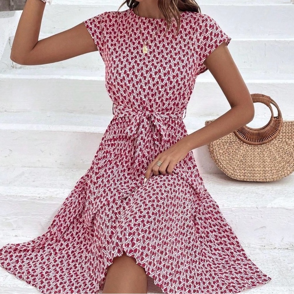 Red Womens Allover Print Batwing Sleeve Belted Dress